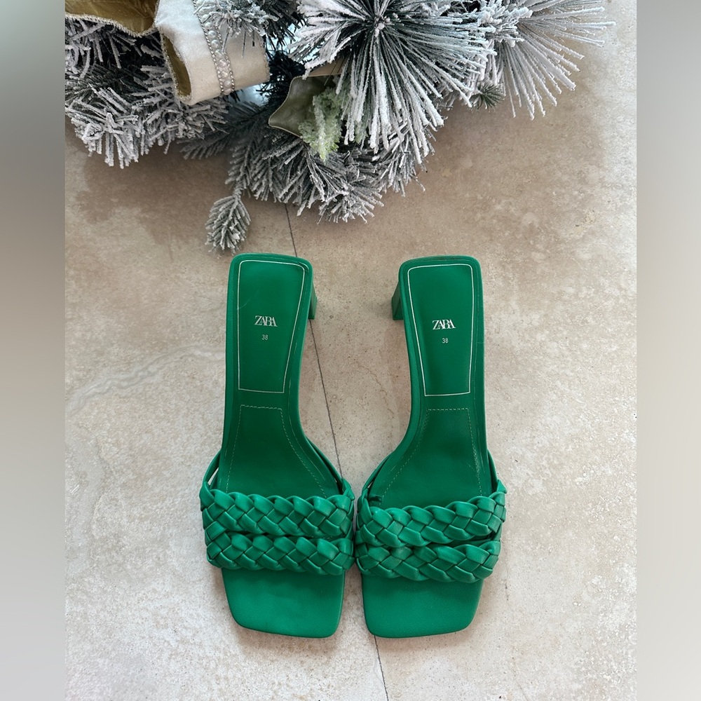 Zara Emerald Braided Square-Toe Block Heel Mules